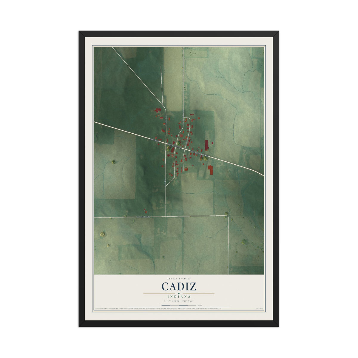 Map of Cadiz, Indiana, 12 x 18 inch print in a black wood frame