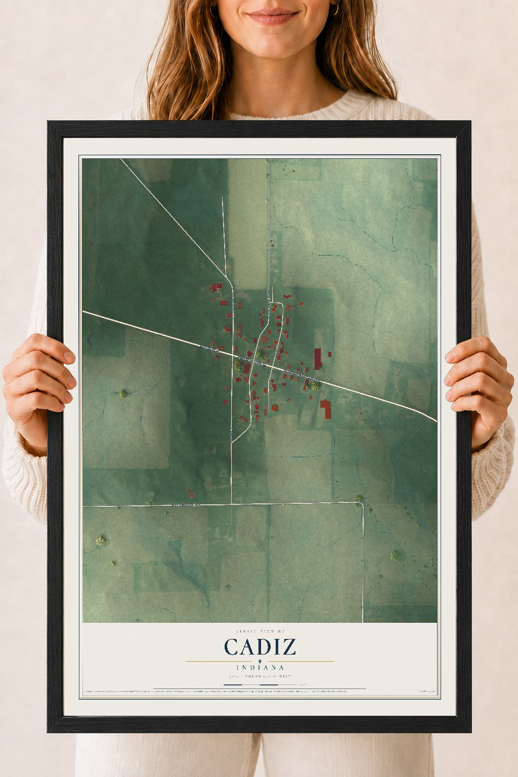 Map of Cadiz, Indiana, 18 x 24 inch print in a black wood frame