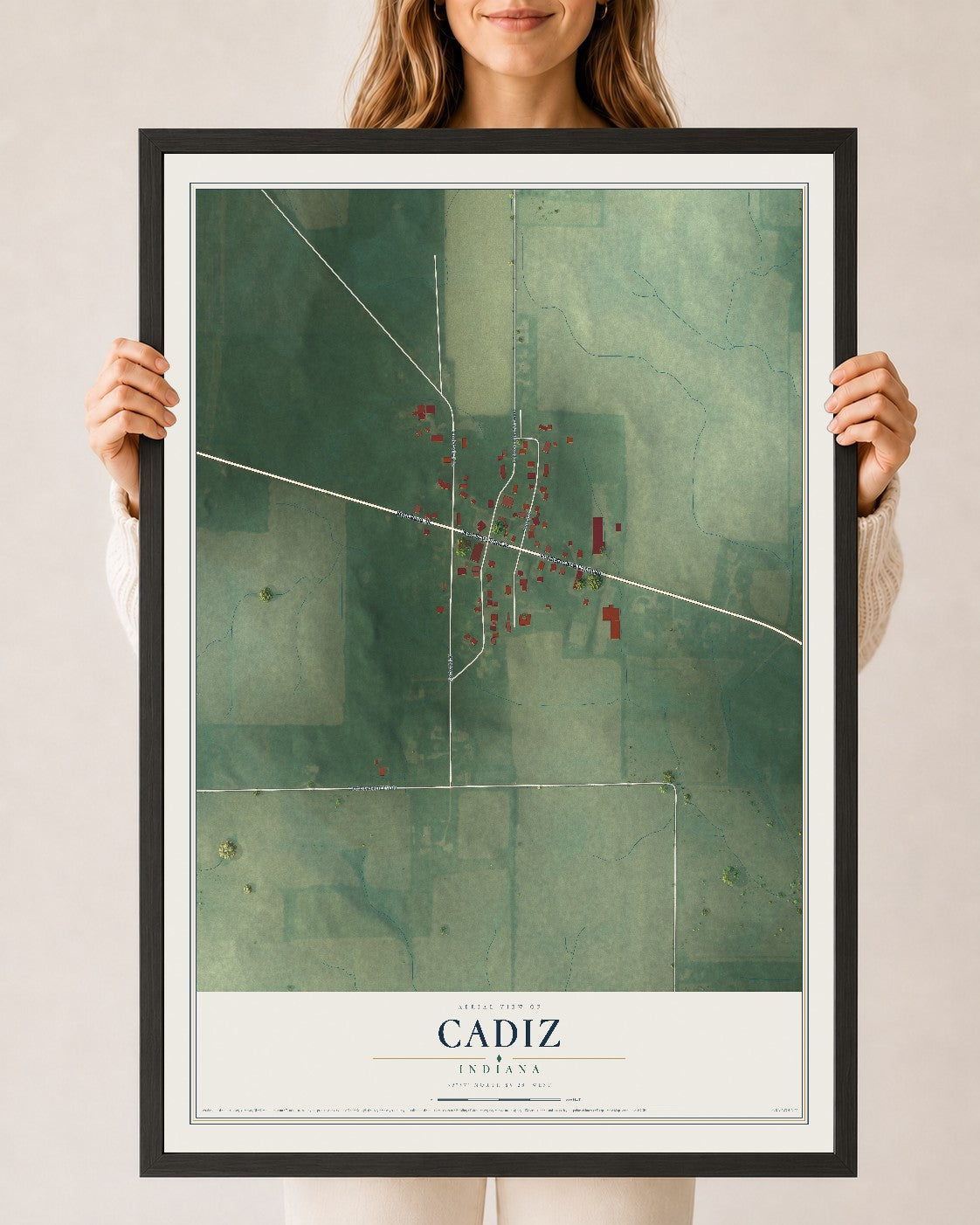 Map of Cadiz, Indiana, 24 x 36 inch print in a black wood frame
