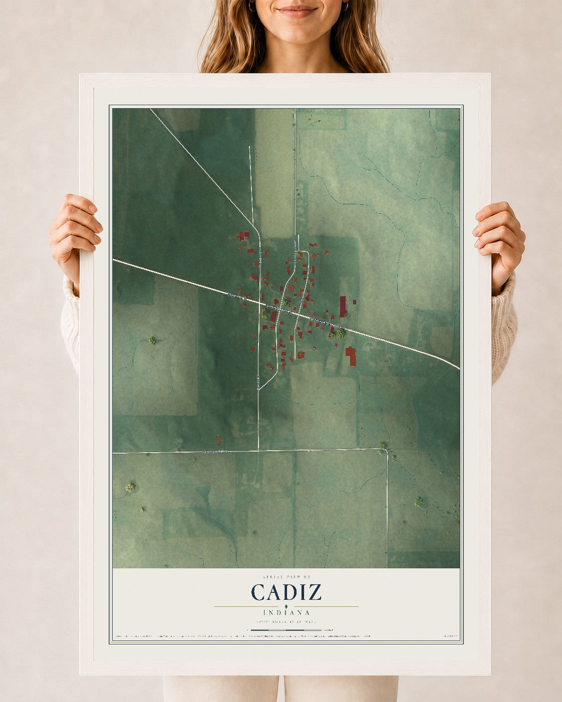 Map of Cadiz, Indiana, 24 x 36 inch print in a white wood frame