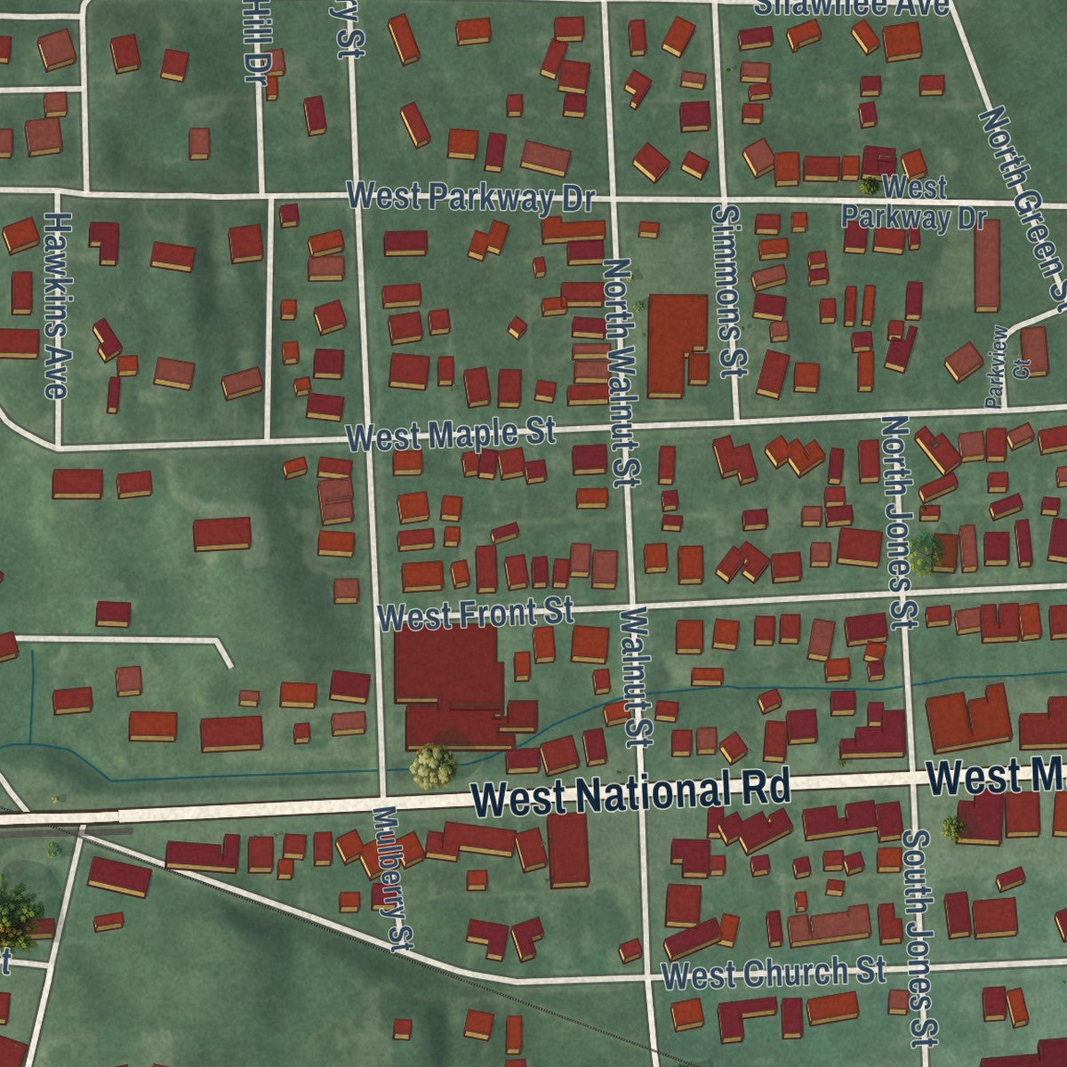 Close-up of the map of Cambridge City, Indiana print showing street and building detail