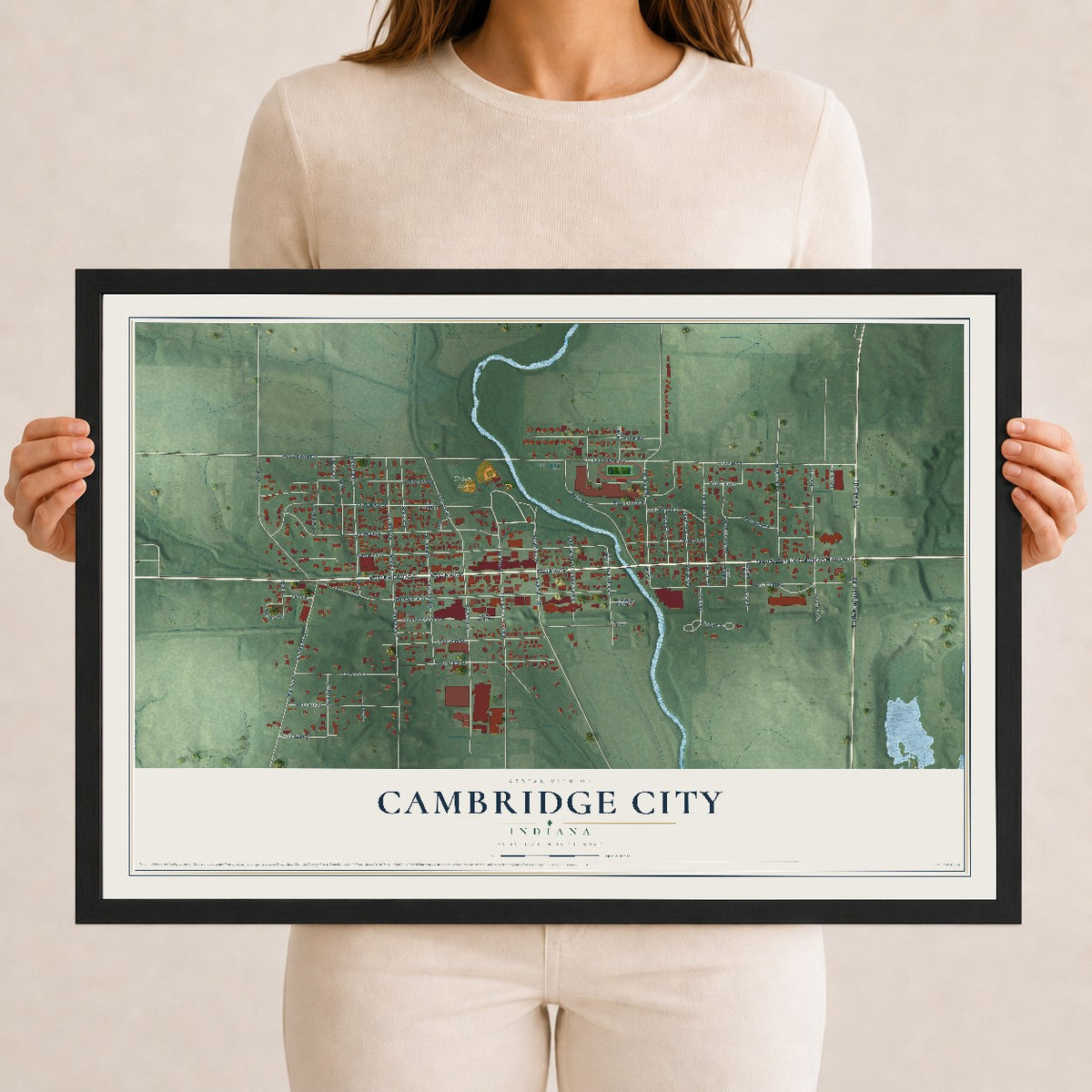 Map of Cambridge City, Indiana, 12 x 18 inch print in a black wood frame