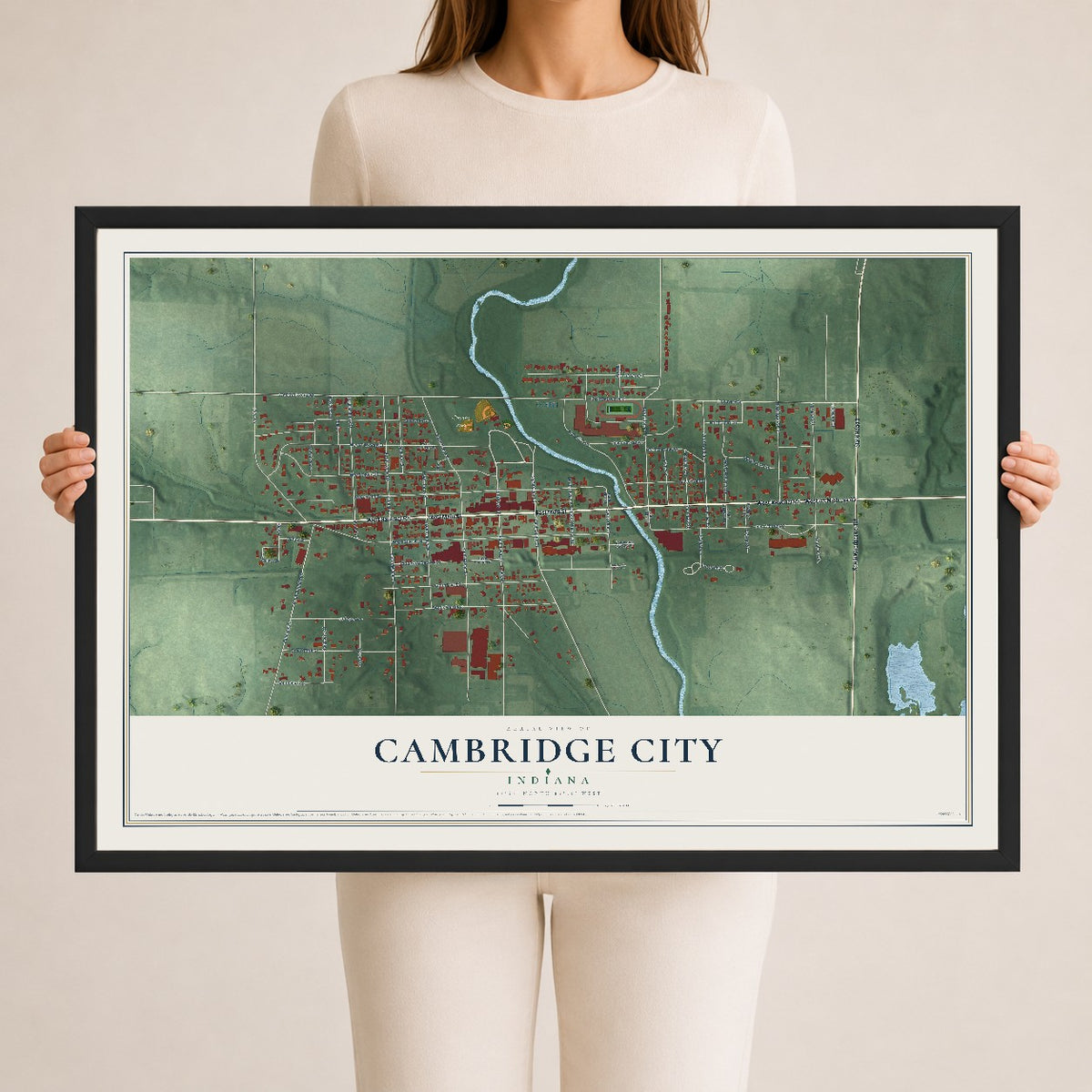 Map of Cambridge City, Indiana, 24 x 36 inch print in a black wood frame