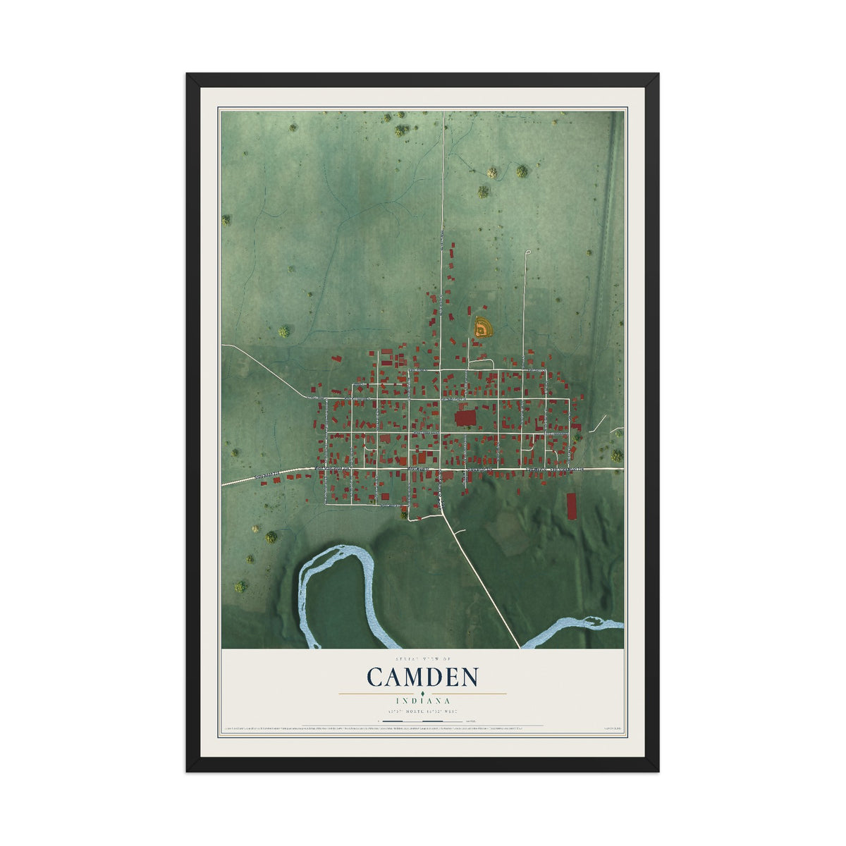 Map of Camden, Indiana, 12 x 18 inch print in a black wood frame
