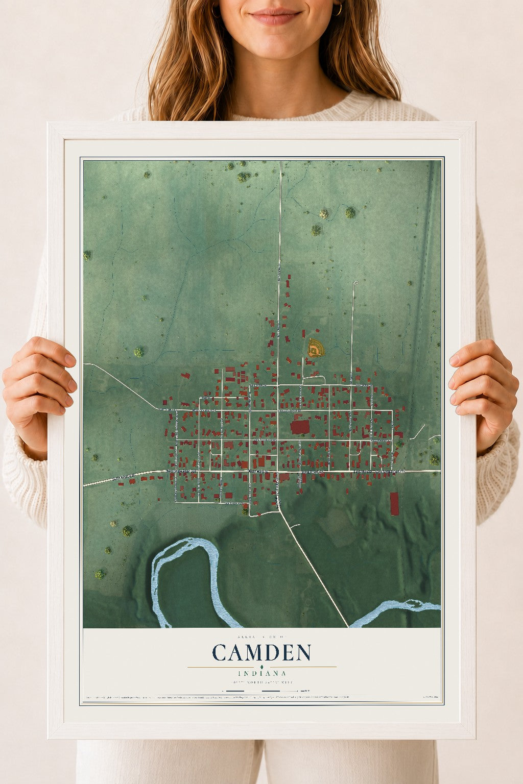 Map of Camden, Indiana, 18 x 24 inch print in a white wood frame