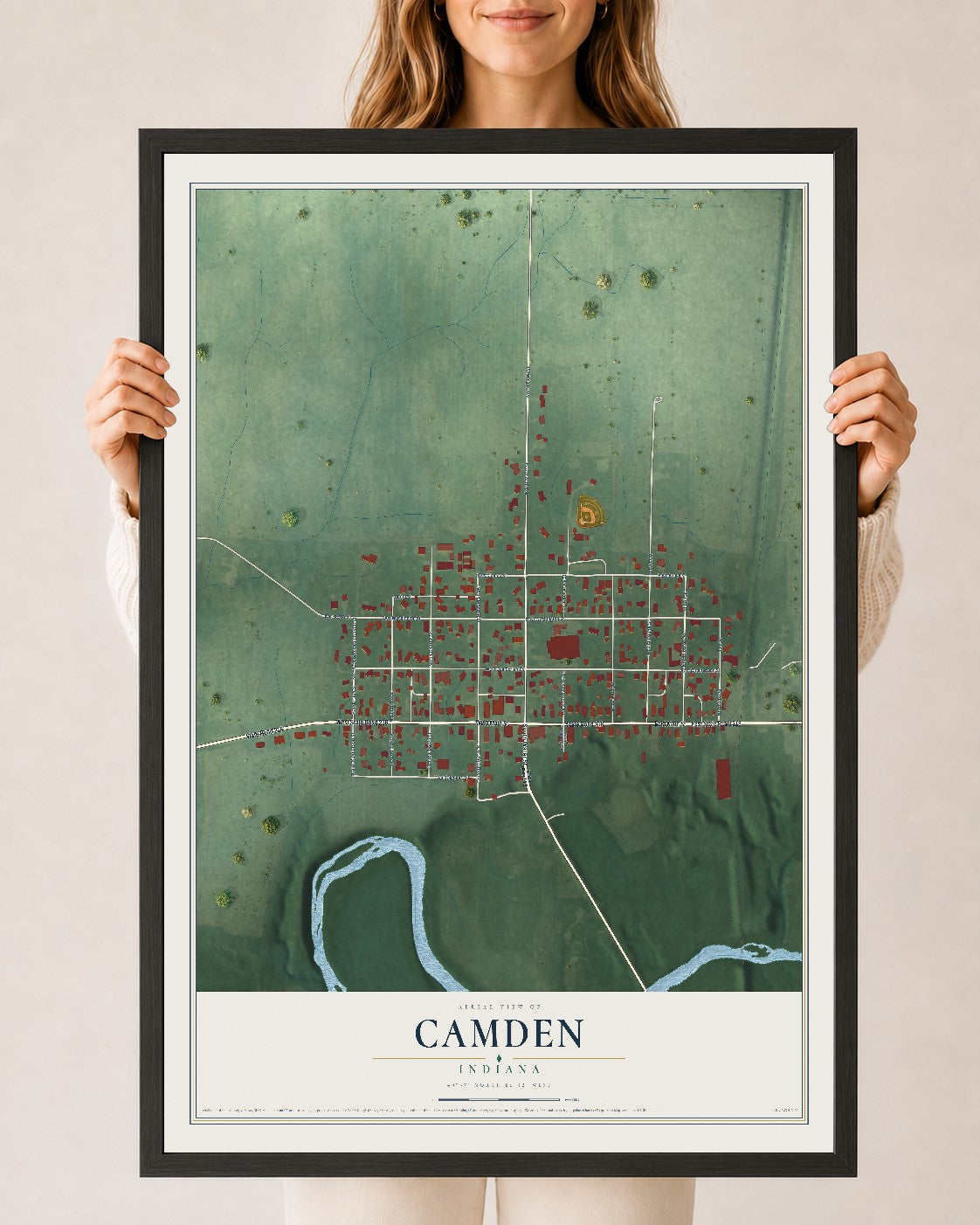 Map of Camden, Indiana, 24 x 36 inch print in a black wood frame