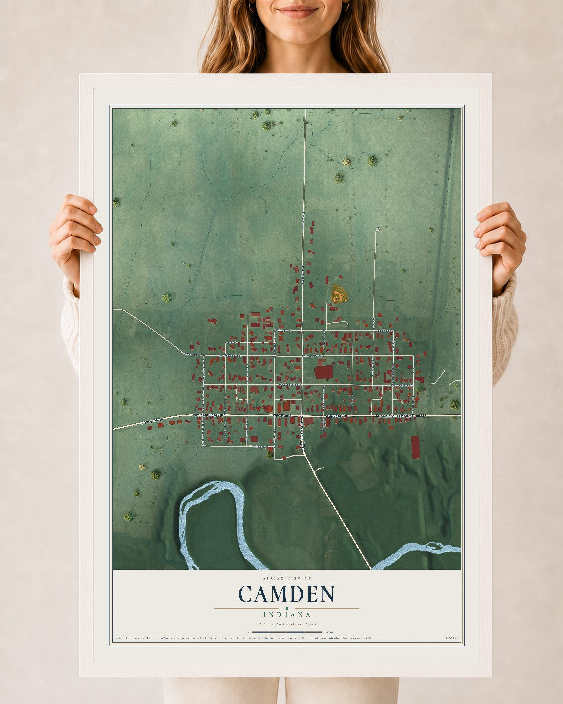 Map of Camden, Indiana, 24 x 36 inch print in a white wood frame