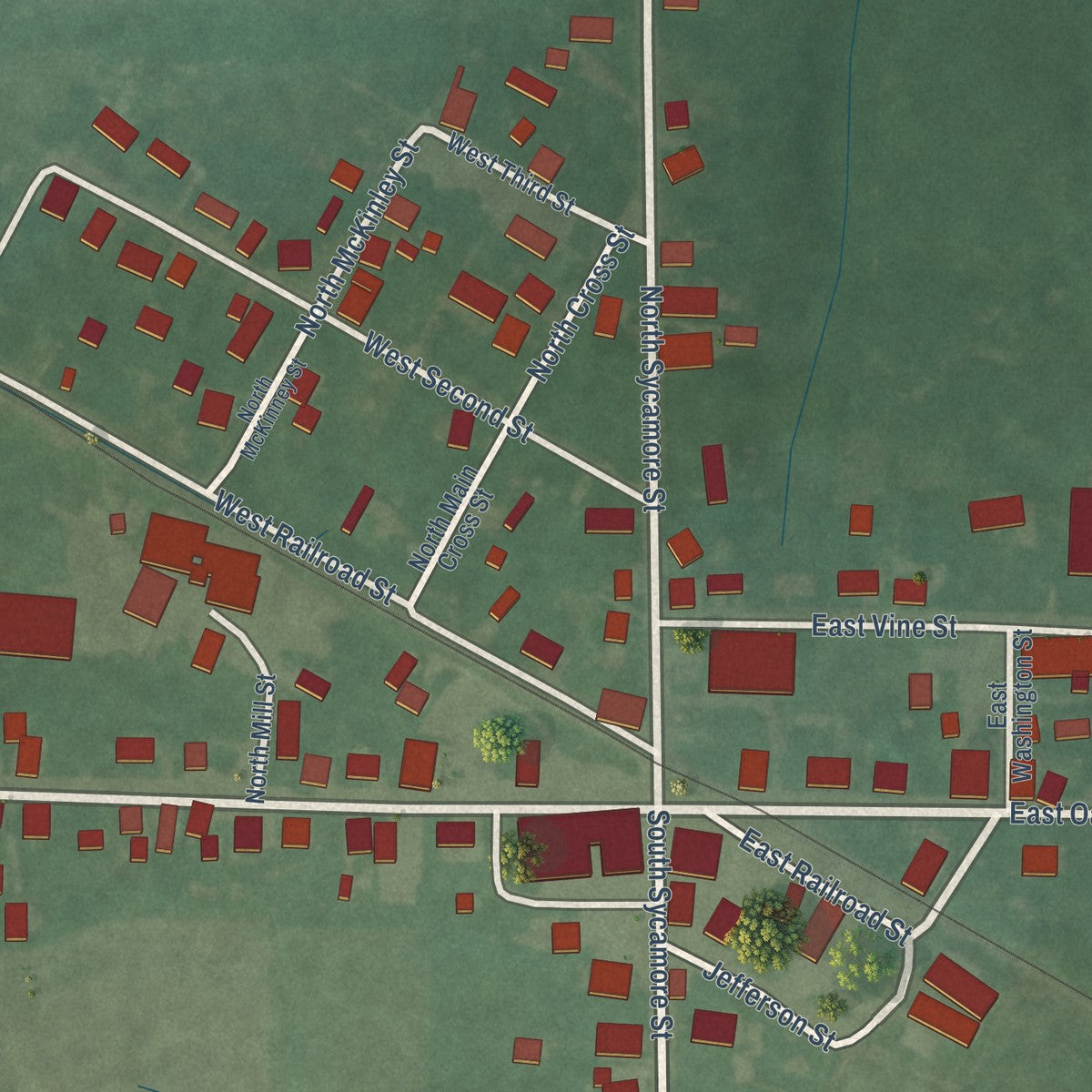 Close-up of the map of Campbellsburg, Indiana print showing street and building detail
