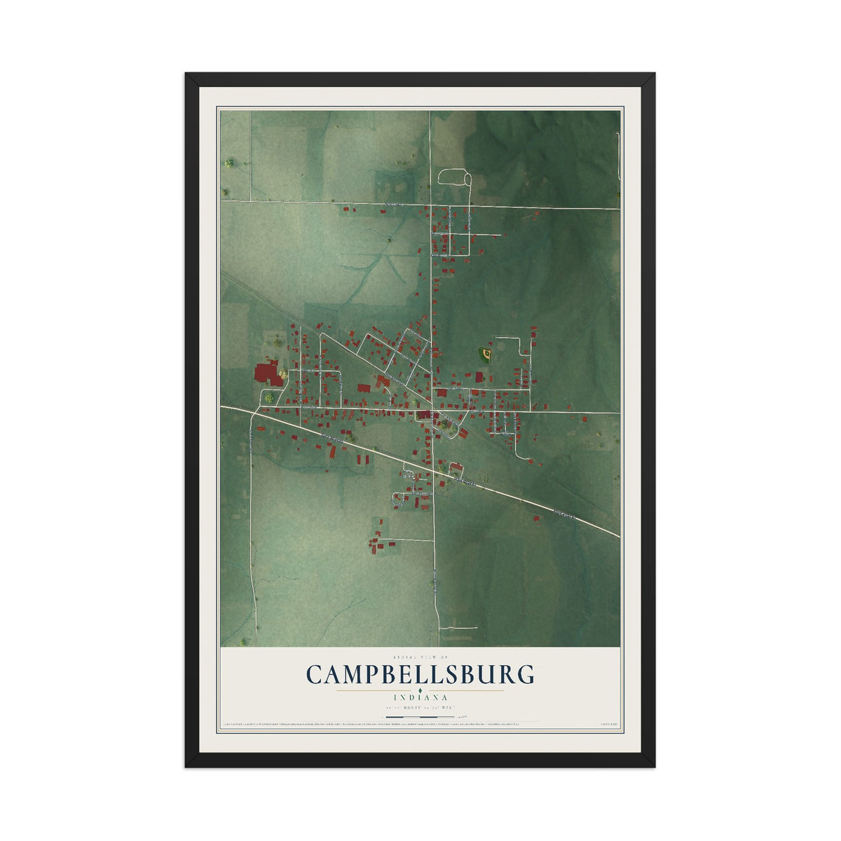 Map of Campbellsburg, Indiana, 12 x 18 inch print in a black wood frame