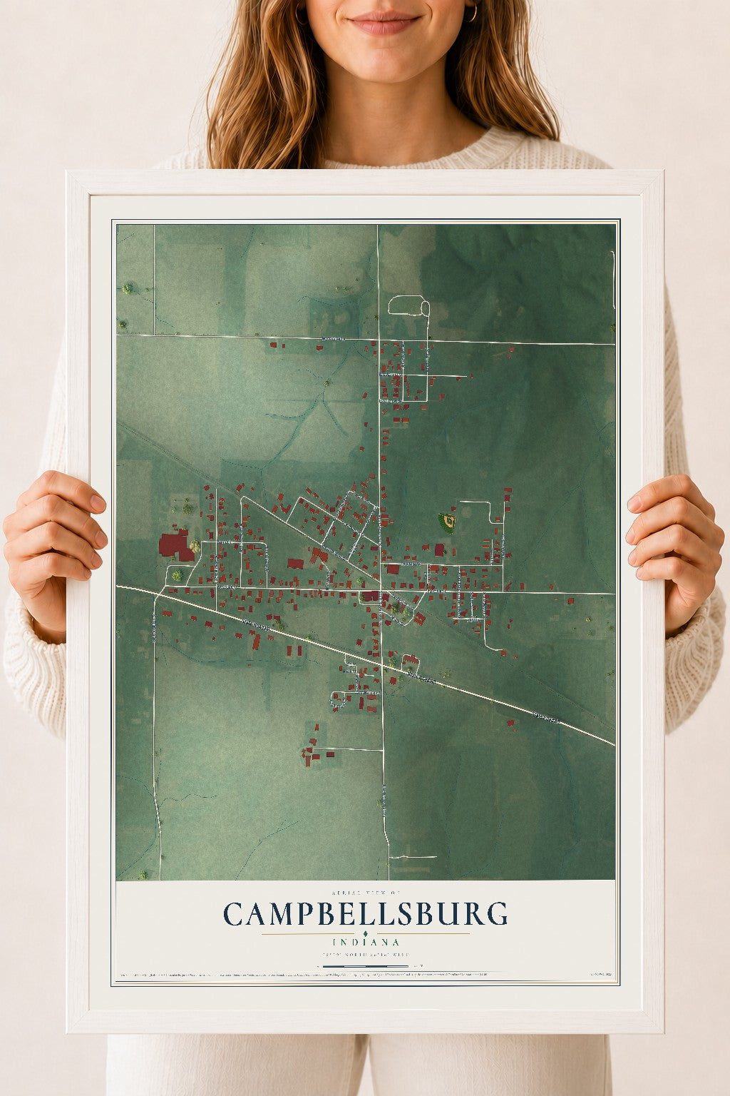 Map of Campbellsburg, Indiana, 18 x 24 inch print in a white wood frame