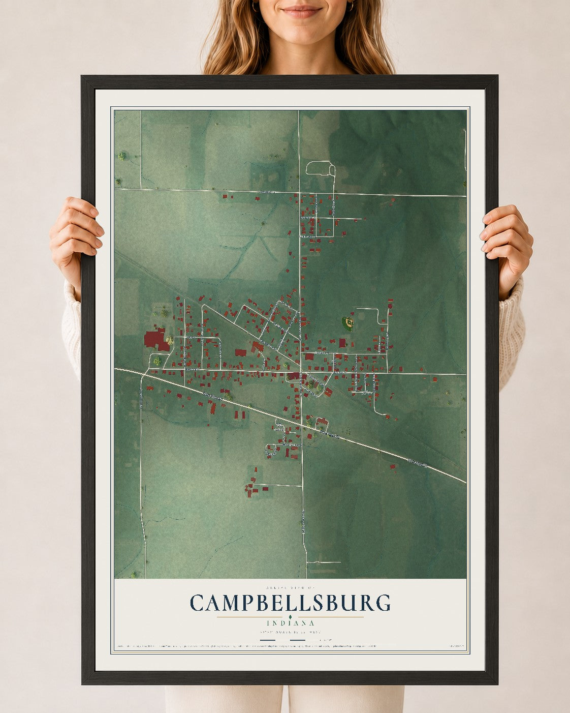 Map of Campbellsburg, Indiana, 24 x 36 inch print in a black wood frame
