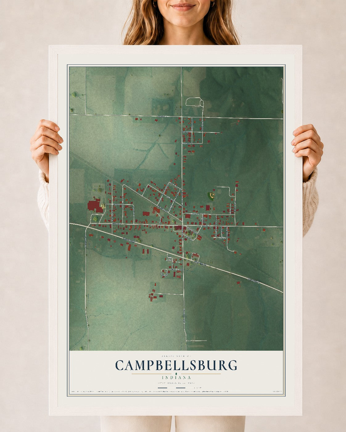 Map of Campbellsburg, Indiana, 24 x 36 inch print in a white wood frame