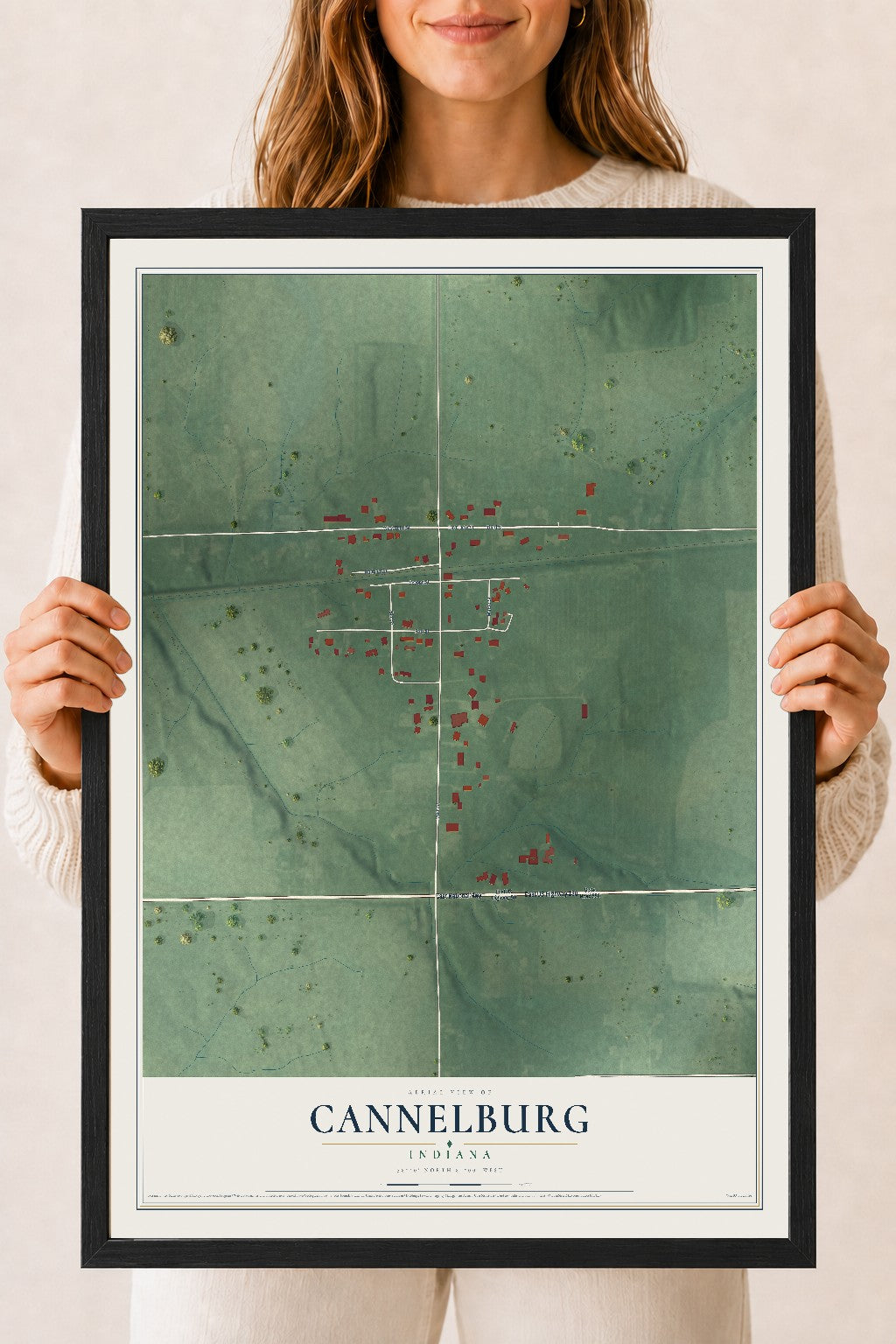 Map of Cannelburg, Indiana, 18 x 24 inch print in a black wood frame