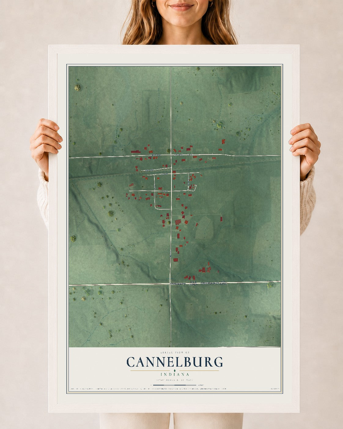 Map of Cannelburg, Indiana, 24 x 36 inch print in a white wood frame