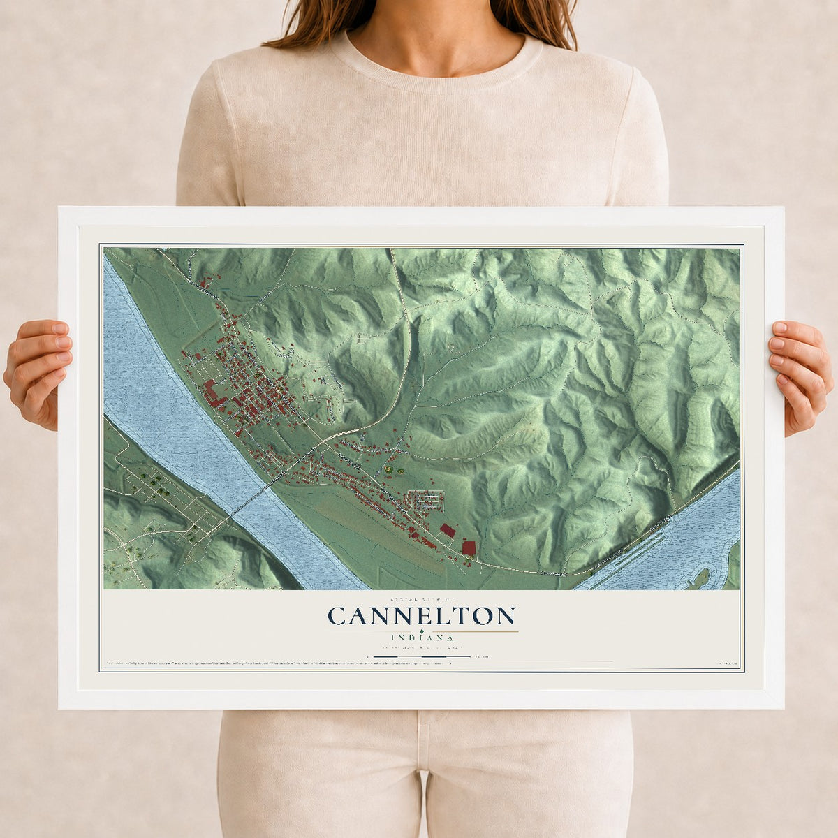 Map of Cannelton, Indiana, 12 x 18 inch print in a white wood frame