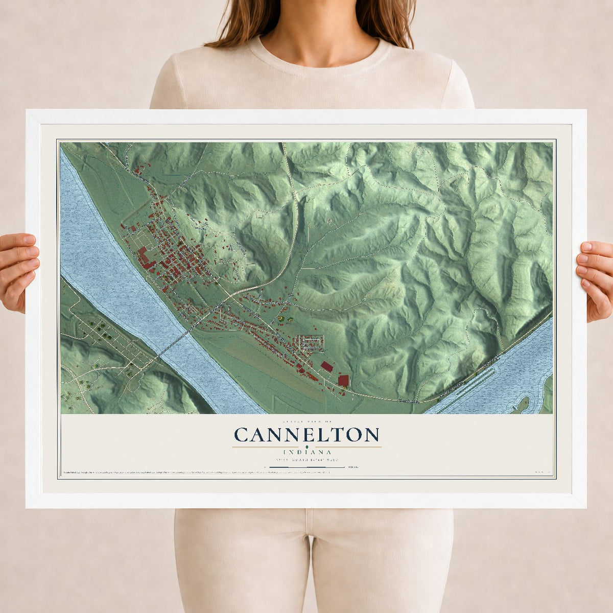 Map of Cannelton, Indiana, 18 x 24 inch print in a white wood frame