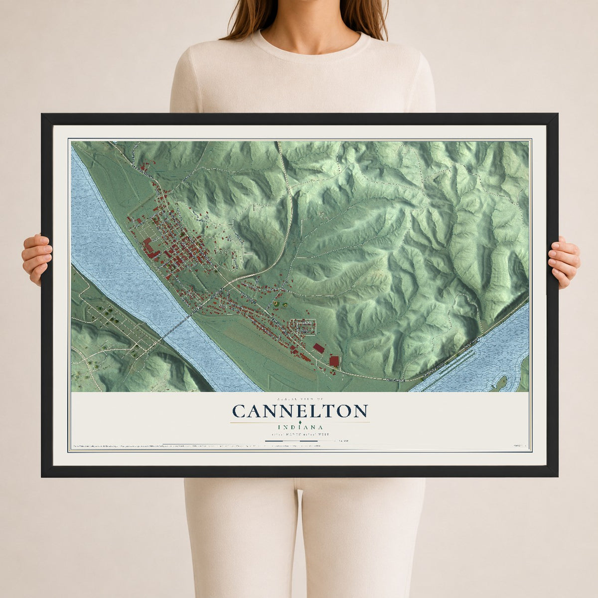 Map of Cannelton, Indiana, 24 x 36 inch print in a black wood frame