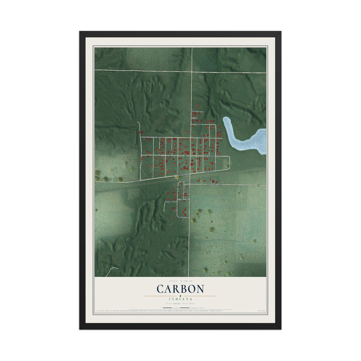 Map of Carbon, Indiana, 12 x 18 inch print in a black wood frame