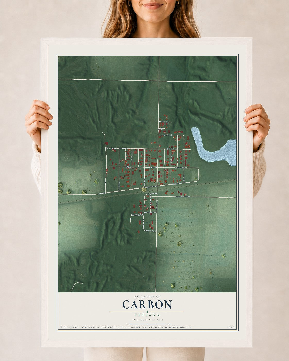 Map of Carbon, Indiana, 24 x 36 inch print in a white wood frame