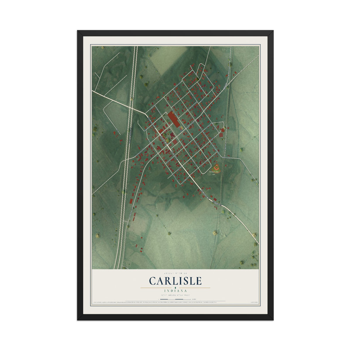 Map of Carlisle, Indiana, 12 x 18 inch print in a black wood frame