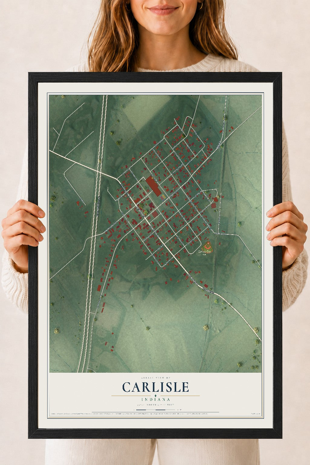 Map of Carlisle, Indiana, 18 x 24 inch print in a black wood frame