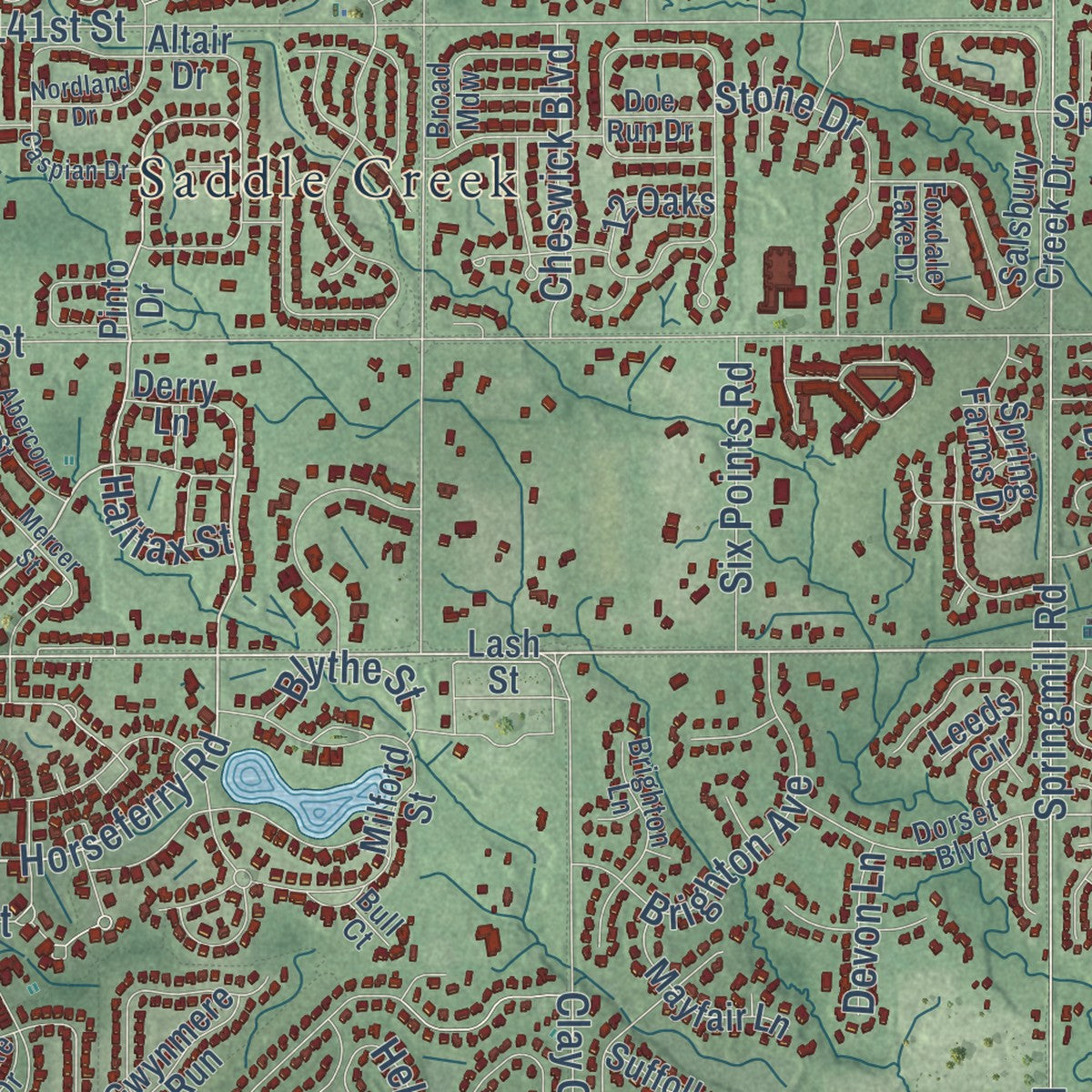 Close-up of the map of Carmel, Indiana print showing street and building detail
