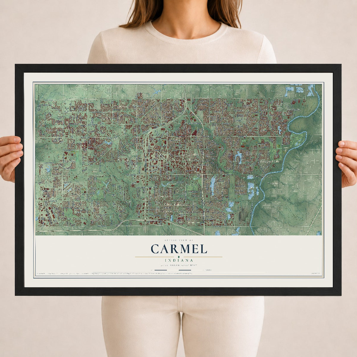 Map of Carmel, Indiana, 18 x 24 inch print in a black wood frame