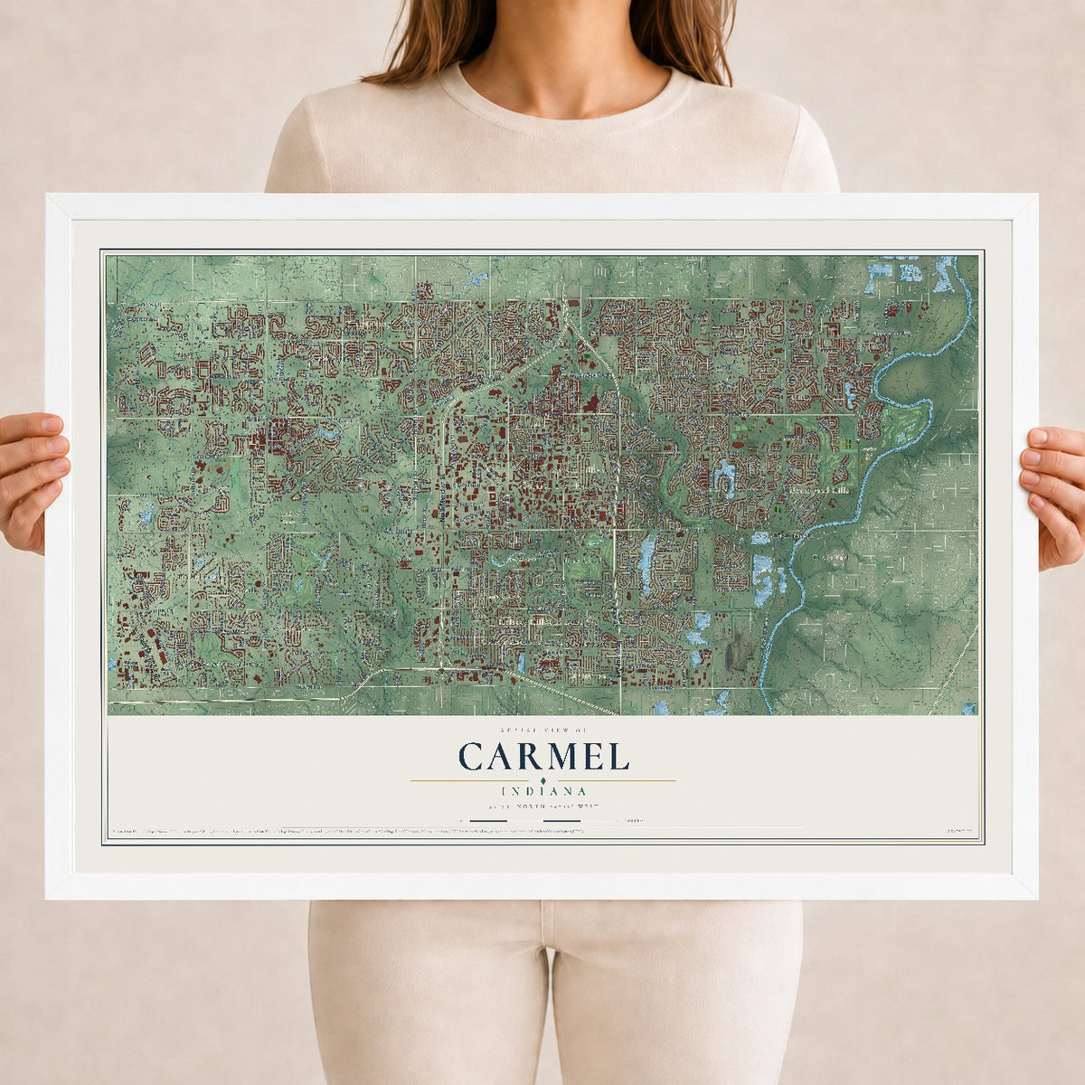 Map of Carmel, Indiana, 18 x 24 inch print in a white wood frame