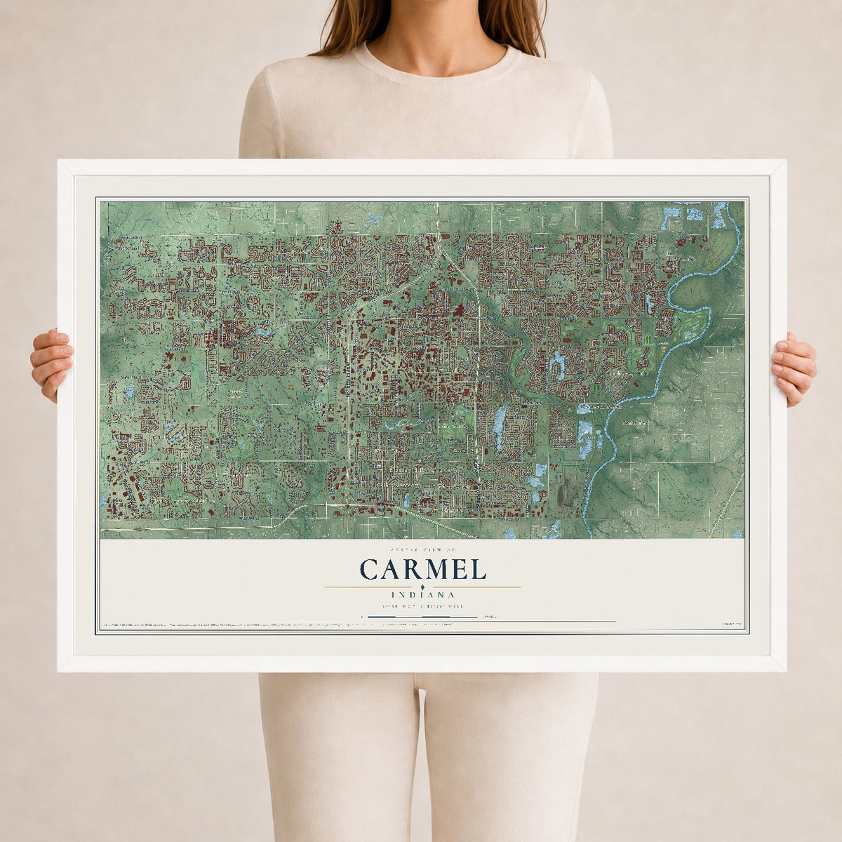 Map of Carmel, Indiana, 24 x 36 inch print in a white wood frame