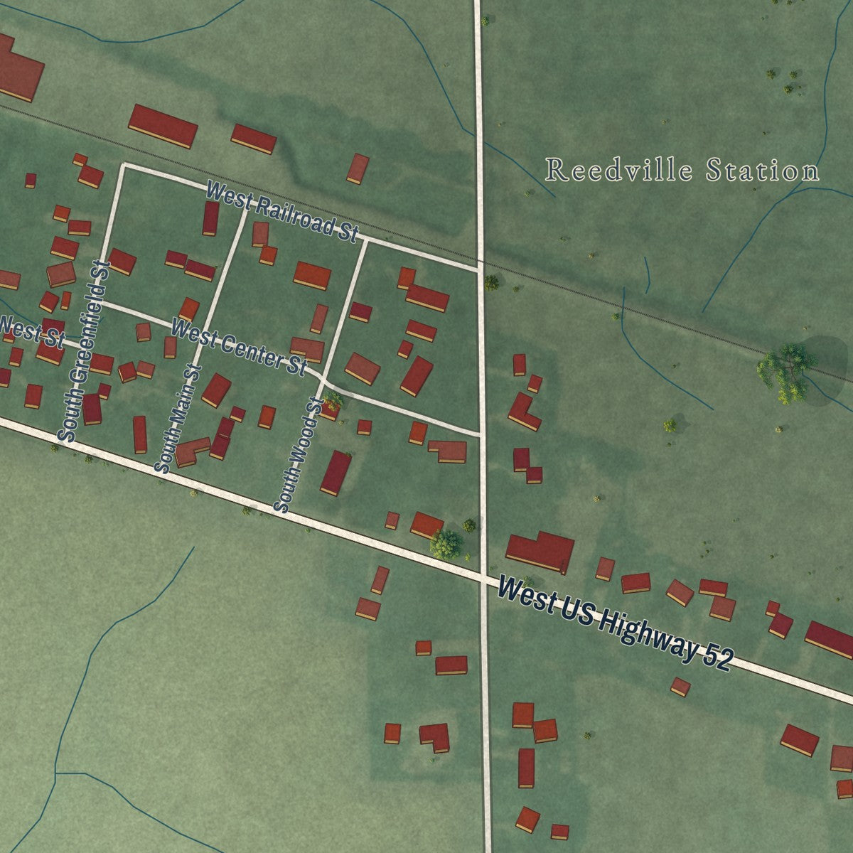 Close-up of the map of Carrollton, Indiana print showing street and building detail