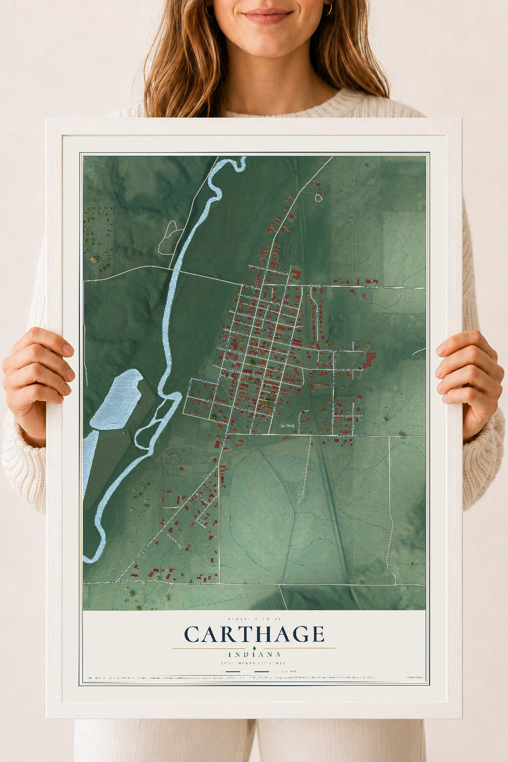 Map of Carthage, Indiana, 18 x 24 inch print in a white wood frame
