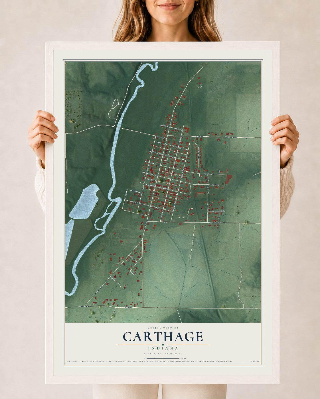 Map of Carthage, Indiana, 24 x 36 inch print in a white wood frame