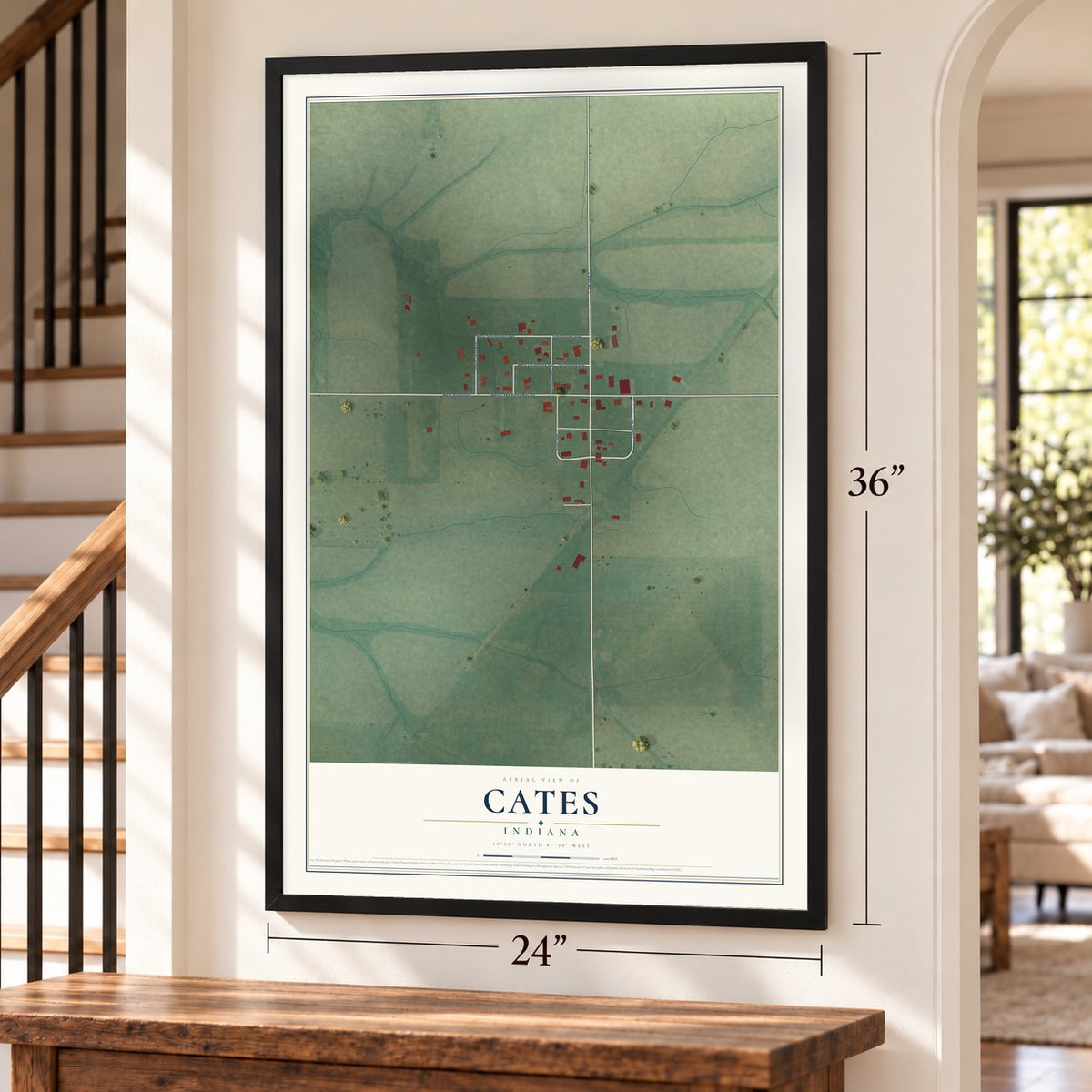 Cates, Indiana map, 24 x 36 inch print in a black frame by a staircase