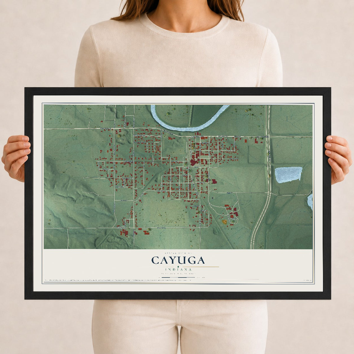 Map of Cayuga, Indiana, 12 x 18 inch print in a black wood frame