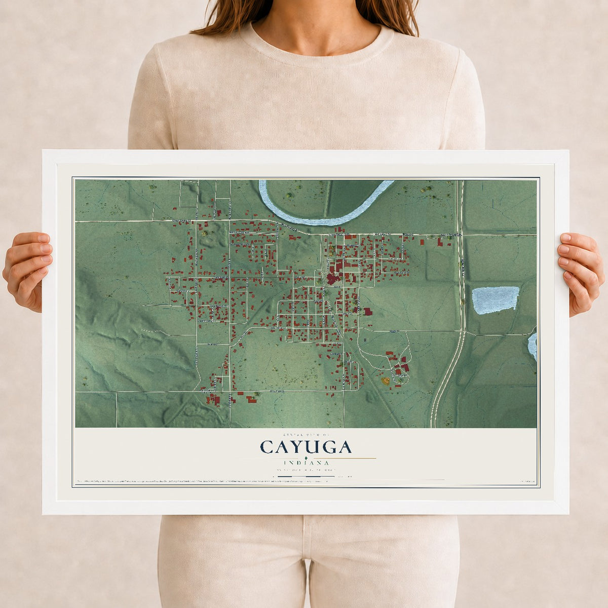 Map of Cayuga, Indiana, 12 x 18 inch print in a white wood frame