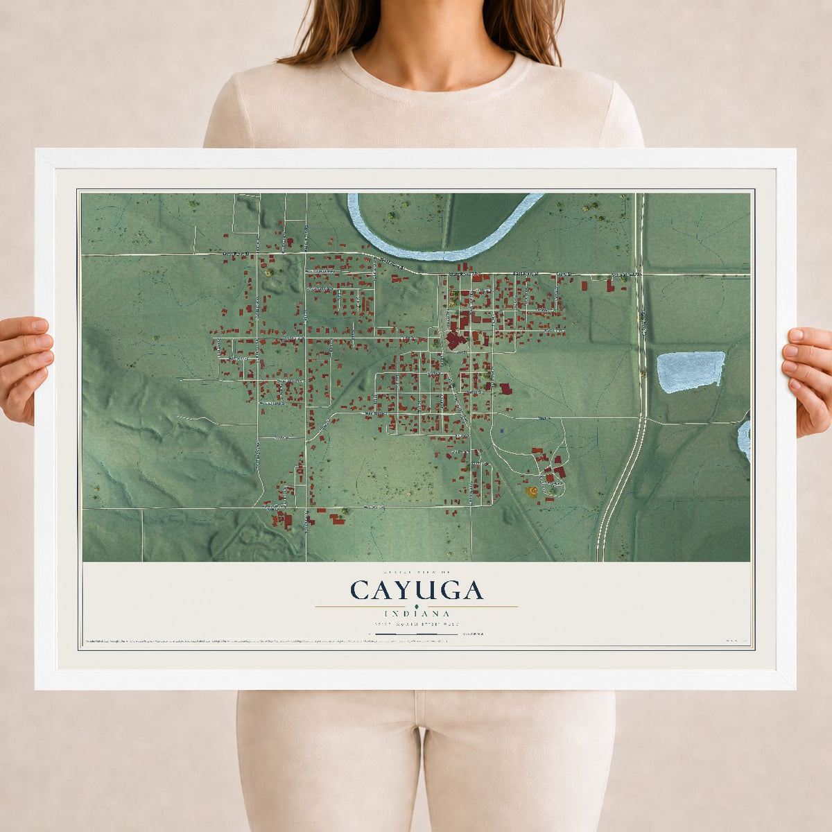 Map of Cayuga, Indiana, 18 x 24 inch print in a white wood frame