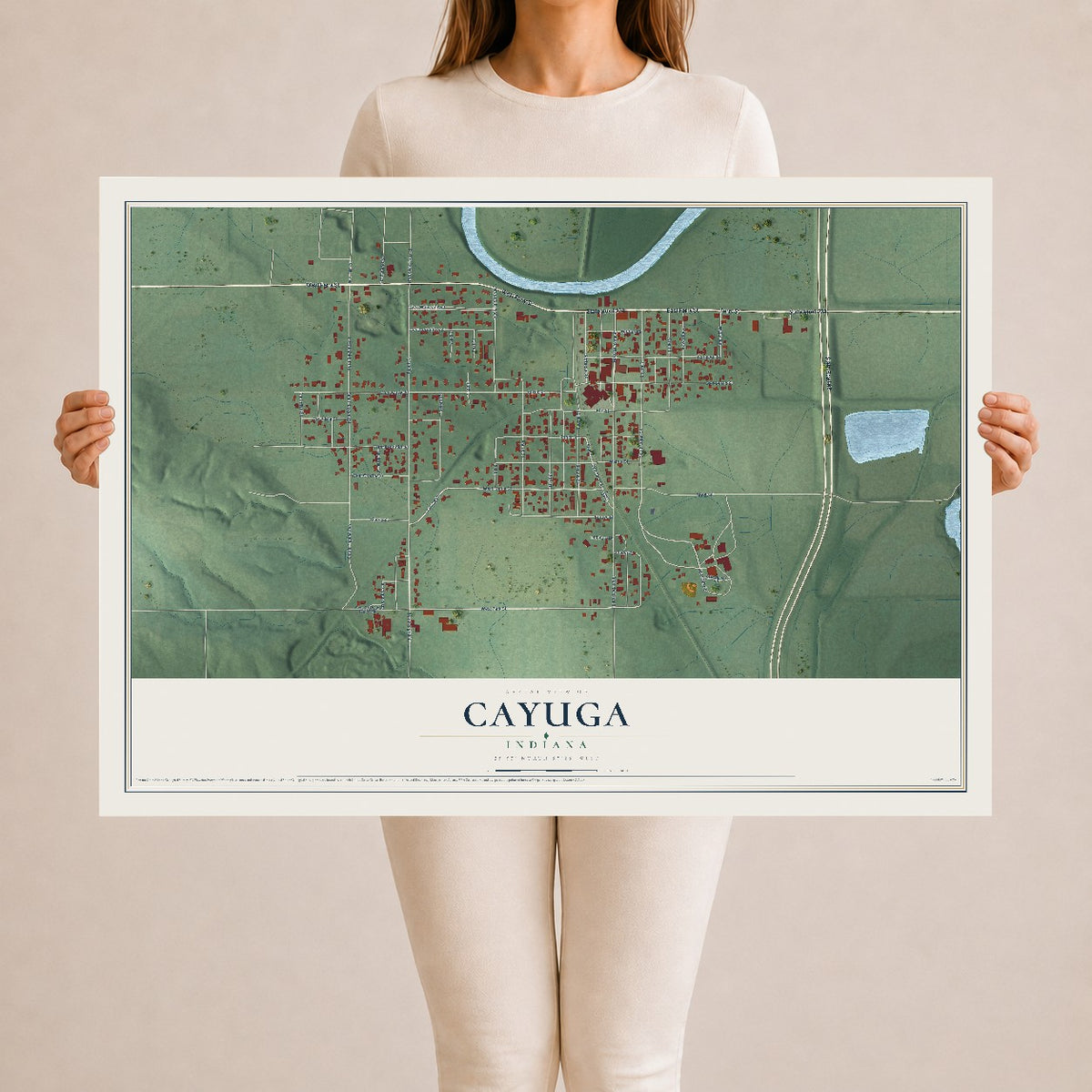 Map of Cayuga, Indiana, 24 x 36 inch unframed archival matte print