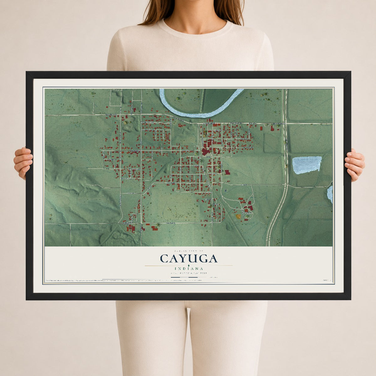 Map of Cayuga, Indiana, 24 x 36 inch print in a black wood frame