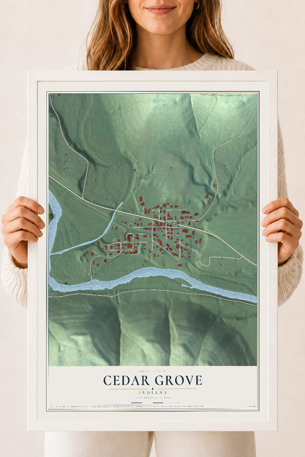 Map of Cedar Grove, Indiana, 18 x 24 inch print in a white wood frame