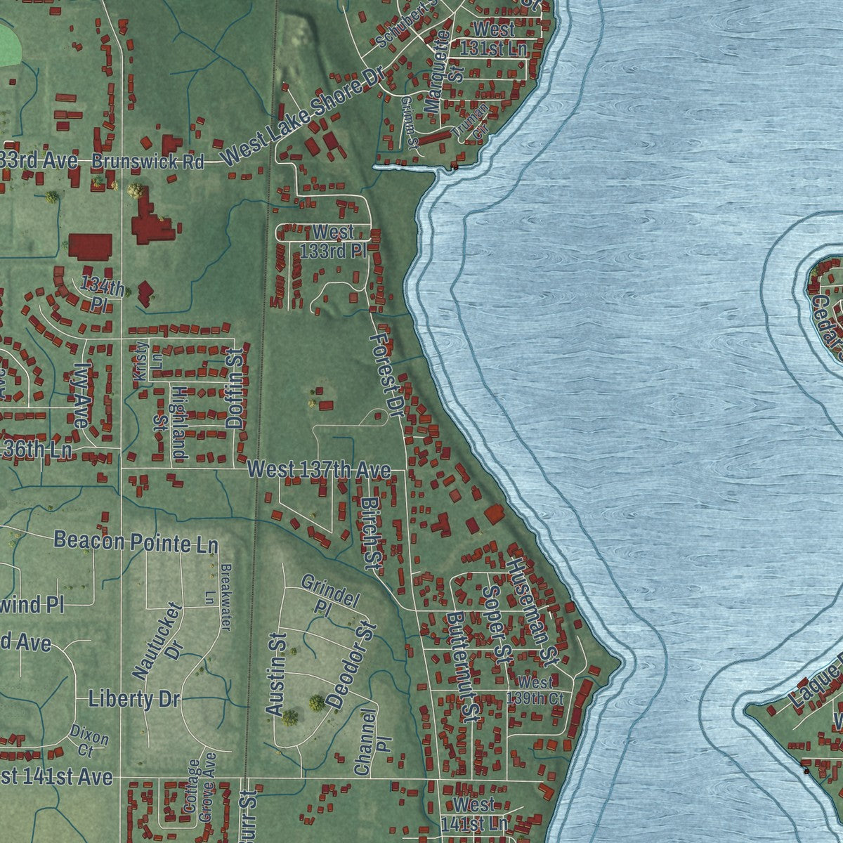 Close-up of the map of Cedar Lake, Indiana print showing street and building detail