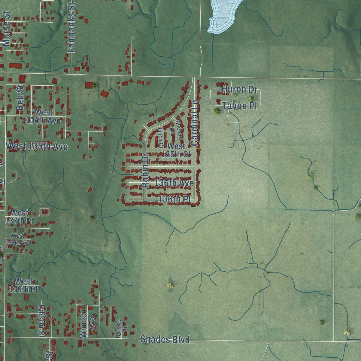 Second close-up of the map of Cedar Lake, Indiana print showing more streets and buildings