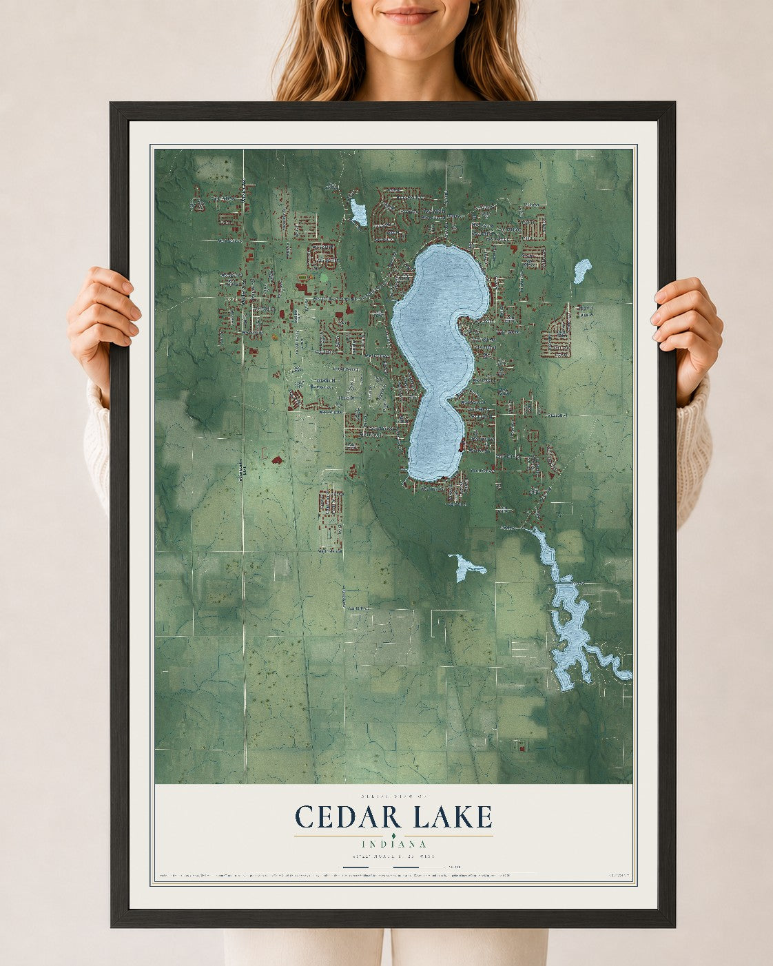 Map of Cedar Lake, Indiana, 24 x 36 inch print in a black wood frame