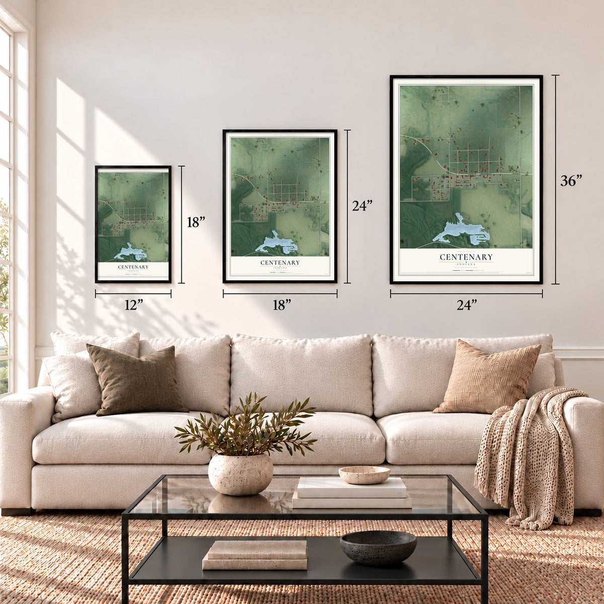 Centenary, Indiana map in 12 x 18, 18 x 24 and 24 x 36 inch sizes above a sofa