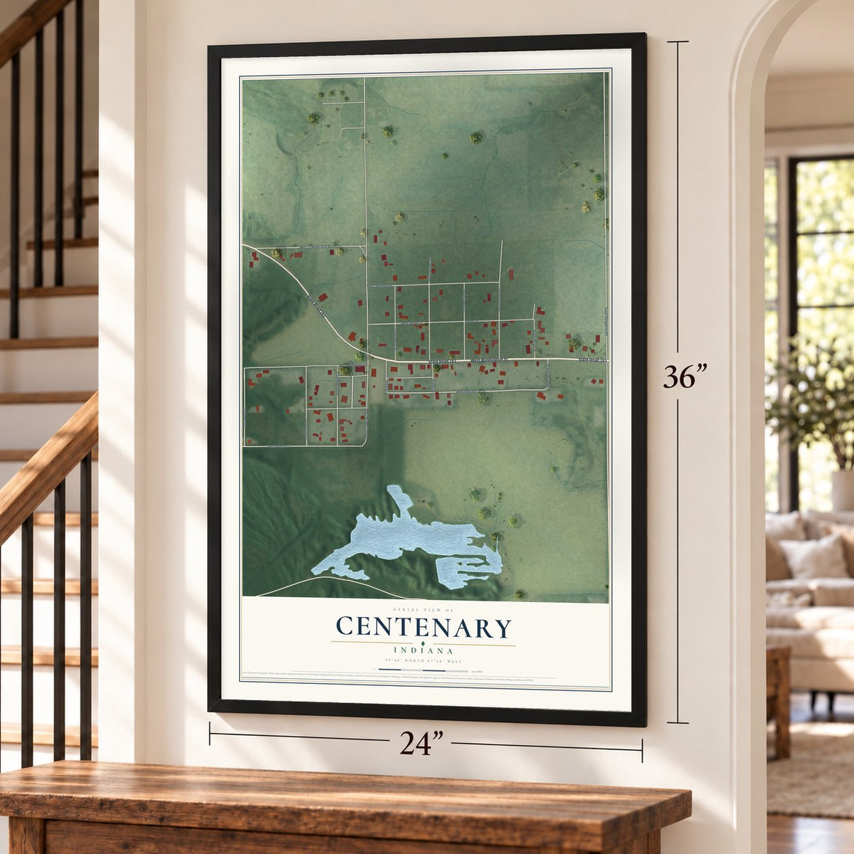 Centenary, Indiana map, 24 x 36 inch print in a black frame by a staircase