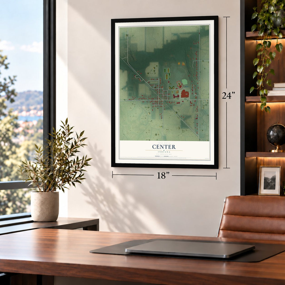Center, Indiana map, 18 x 24 inch print in a black frame in a home office