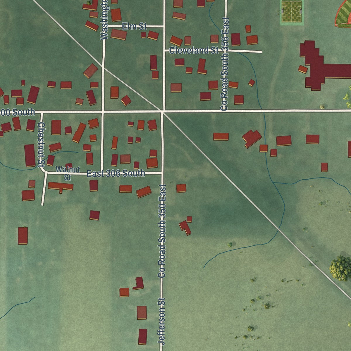 Close-up of the map of Center, Indiana print showing street and building detail
