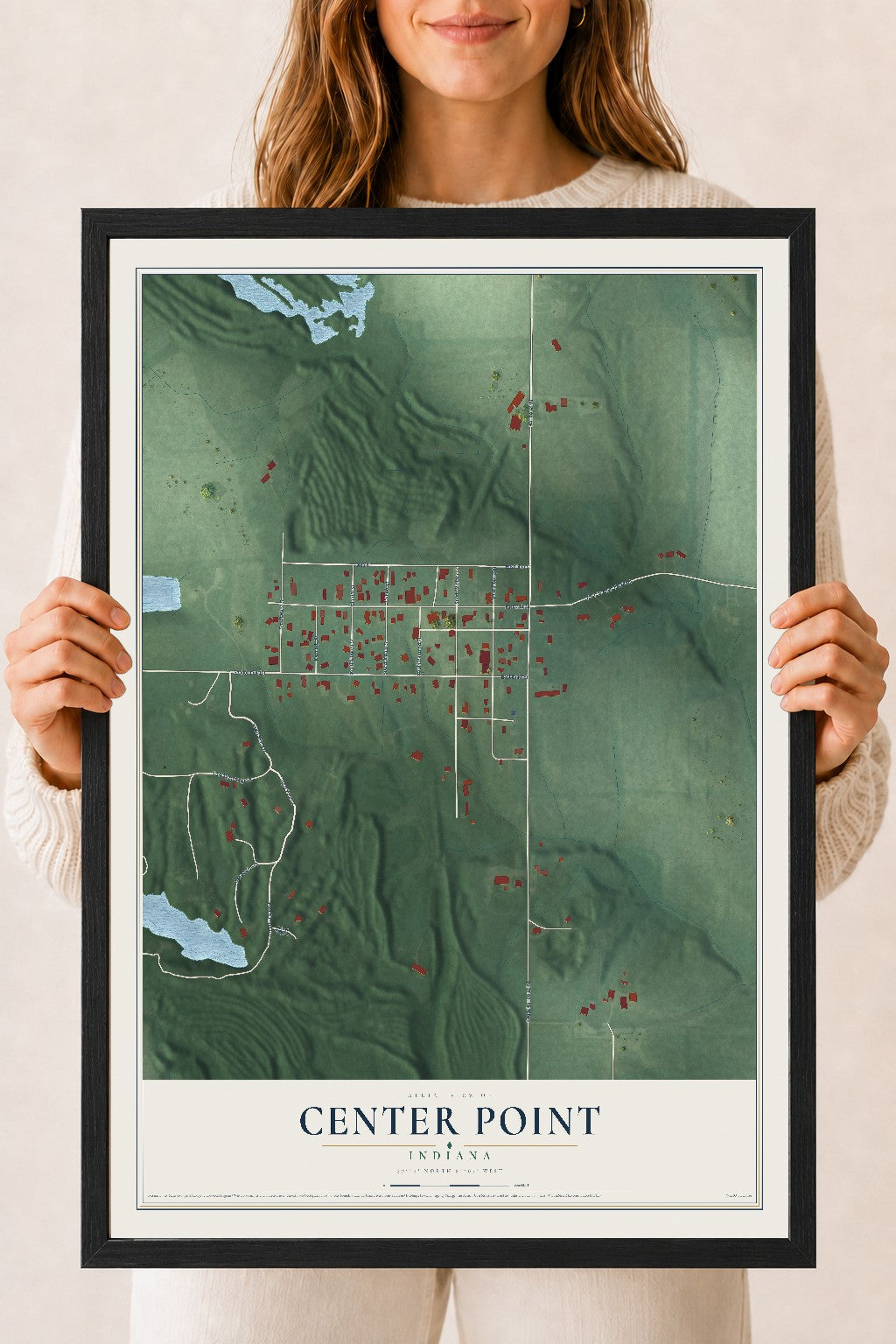 Map of Center Point, Indiana, 18 x 24 inch print in a black wood frame