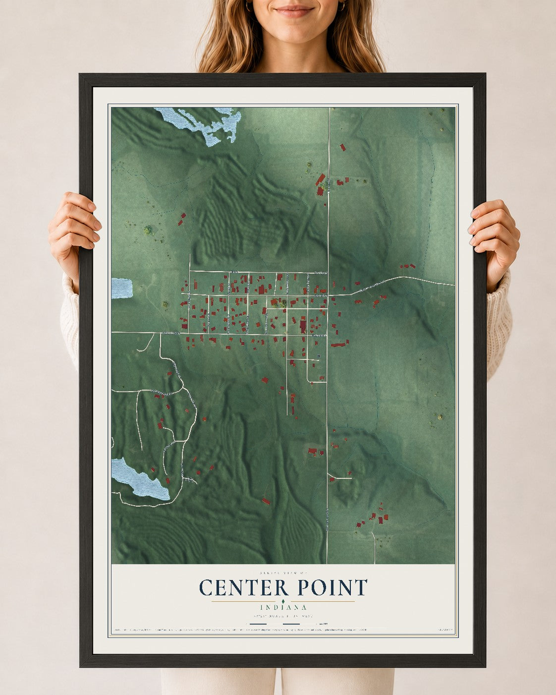 Map of Center Point, Indiana, 24 x 36 inch print in a black wood frame
