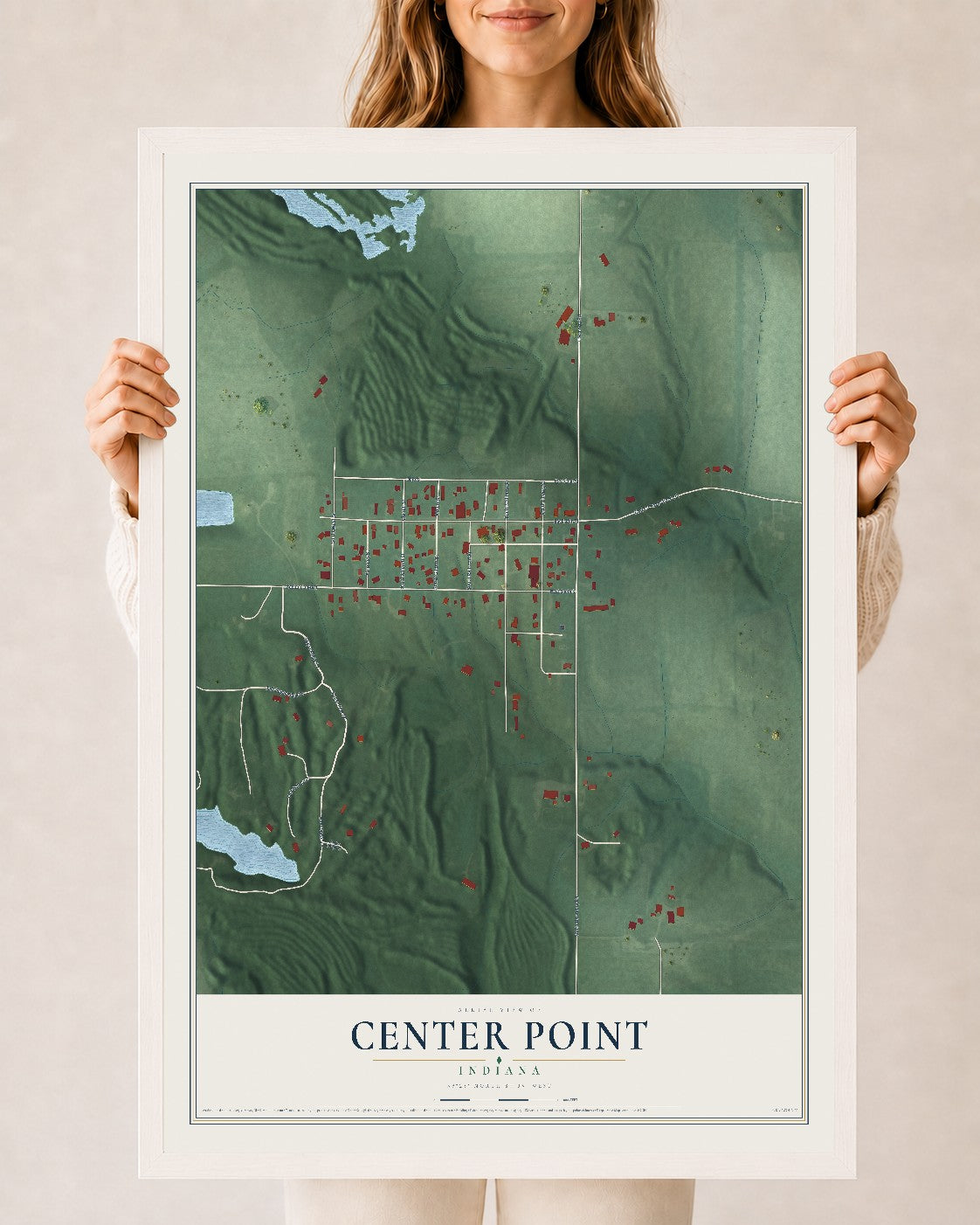 Map of Center Point, Indiana, 24 x 36 inch print in a white wood frame