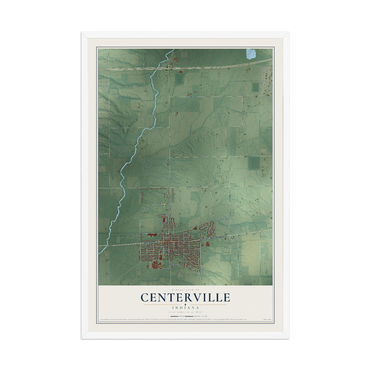 Map of Centerville, Indiana, 12 x 18 inch print in a white wood frame